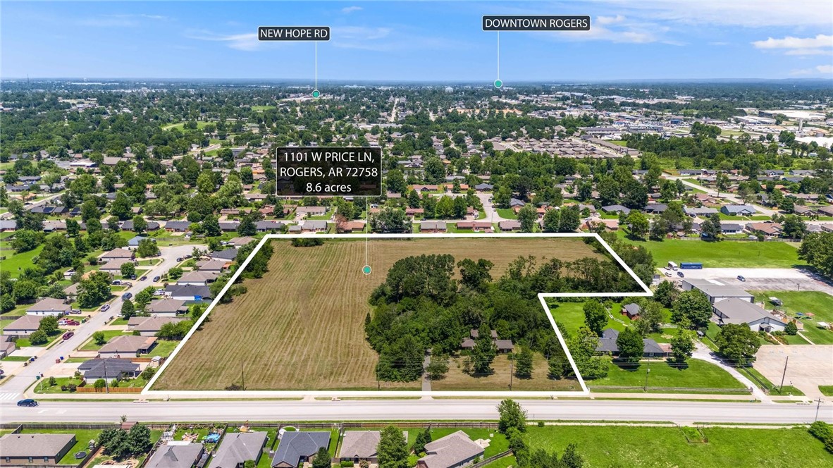 Excellent development opportunity with this 8.11 acre parcel that is zoned T4.2 (Neighborhood Node) in Rogers. Current zoning allows multiple types of multifamily, single family, and some commercial uses. Flat site with no wetlands or floodplain and 470' of frontage on W Price Lane with 4100 VPD traffic count. Water and sewer on site. Structure conveys with the property at no value.