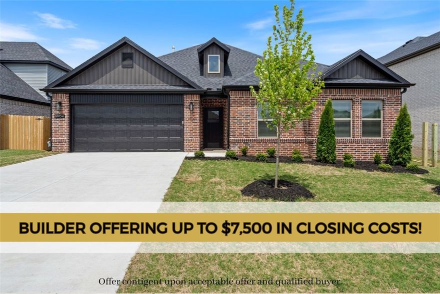 Welcome Home! Builder is offering up to $7,500 towards closing costs, interest rate buy down or towards an appliance package! The "ROSS" plan boasts a spacious single story open-concept layout with luxurious finishes including vaulted ceilings, quartz countertops, inviting entry way, upgraded lighting fixtures, custom cabinets, black stainless steel appliances, gas fireplace, gas range, oversized tiled walk in shower in primary bathroom with rainfall shower head & luxury vinyl plank floors throughout. Enjoy standard inclusions such as insulated garages, full home gutters, privacy fence, & 2” blinds throughout. Community pool coming in Phase 2! Under 10 minutes to XNA Airport and under 20 minutes to Downtown Bentonville and New Walmart Campus. South Facing!