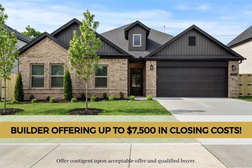 Photos are not of exact home/finishes. Completion date of April 13th! Builder is offering up to $7,500 towards closing costs, interest rate buy down or towards an appliance package! The "ROSS" plan boasts a spacious single story open-concept layout with luxurious finishes including vaulted ceilings, quartz countertops, inviting entry way, upgraded lighting fixtures, custom cabinets, black stainless steel appliances, gas fireplace, gas range, oversized tiled walk in shower in primary bathroom with rainfall shower head & luxury vinyl plank floors throughout. Enjoy standard inclusions such as insulated garages, full home gutters, privacy fence, & 2” blinds throughout. Community pool coming in Phase 2! Under 10 minutes to XNA Airport and under 20 minutes to Downtown Bentonville and New Walmart Campus. South Facing!