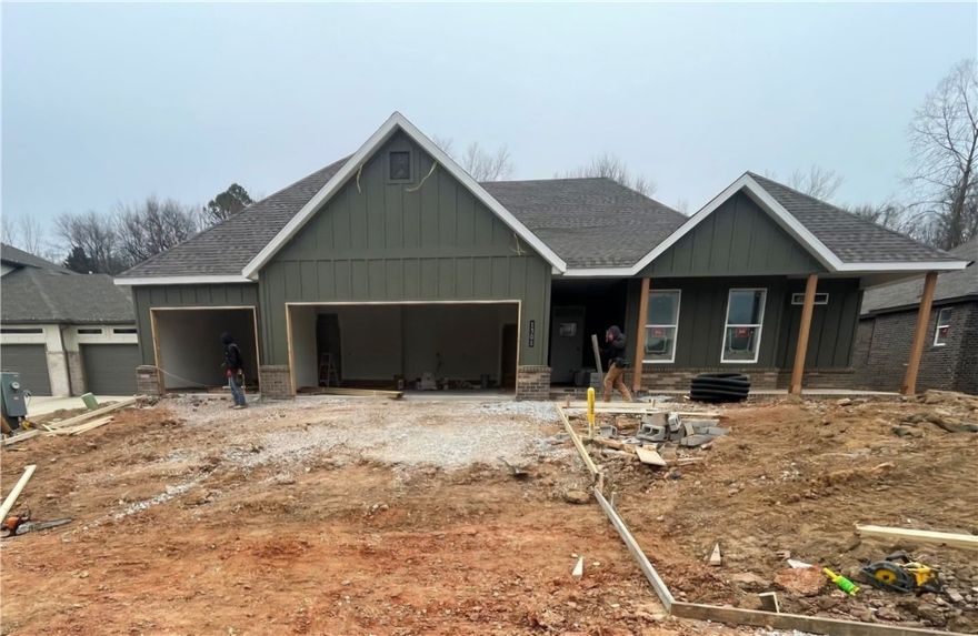 Stunning new construction single-level home situated in a desirable neighborhood just steps from the golf course. This thoughtfully designed layout features an open kitchen, dining, and living area, 4 spacious bedrooms, 3 full bathrooms, a bonus room, and a 3-car garage. The kitchen showcases custom cabinetry, a vented hood, a pot filler, and quartz countertops. Quality finishes include luxury vinyl plank (LVP), tile, and carpet flooring, LED lighting, Frigidaire Gallery stainless steel appliances and full aluminum guttering. With its prime location near all the amenities, recreation, and conveniences of Northwest Arkansas, this home offers exceptional craftsmanship and a floor plan built for both comfort and style.