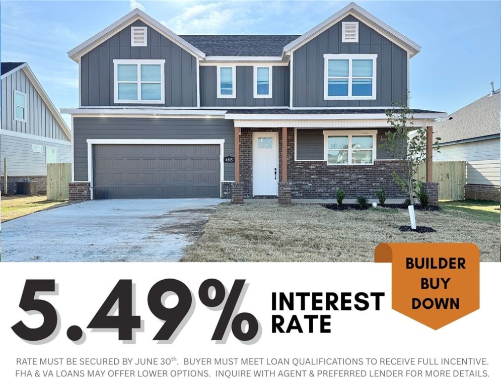 5.49% INTEREST RATE/BUILDER BUY DOWN & fence, blinds and gutters included! Discover your dream home in the sought-after Osage Hills neighborhood. Frisco plan with garage on the left and West facing! 9 ft ceilings, linear electric fireplace, LVP flooring throughout the main living areas and primary bedroom, quartz countertops and more. Chef's kitchen boasting frigidaire stainless steel appliances, gas range, pantry, quartz countertops, bar pull handles, large island and gorgeous backsplash. Luxurious primary bedroom features abundant natural light, while the spa-like primary bathroom offers a walk-in shower, tub, double sinks, and spacious walk-in closets. Additional features include three large secondary bedrooms upstairs and a separate laundry room. Nestled on a generous lot with covered patio that overlooks the serene sodded, fully fenced backyard. Sturdy concrete siding & brick! Model home located at 6008 SW Coywolf St- Lot 122.