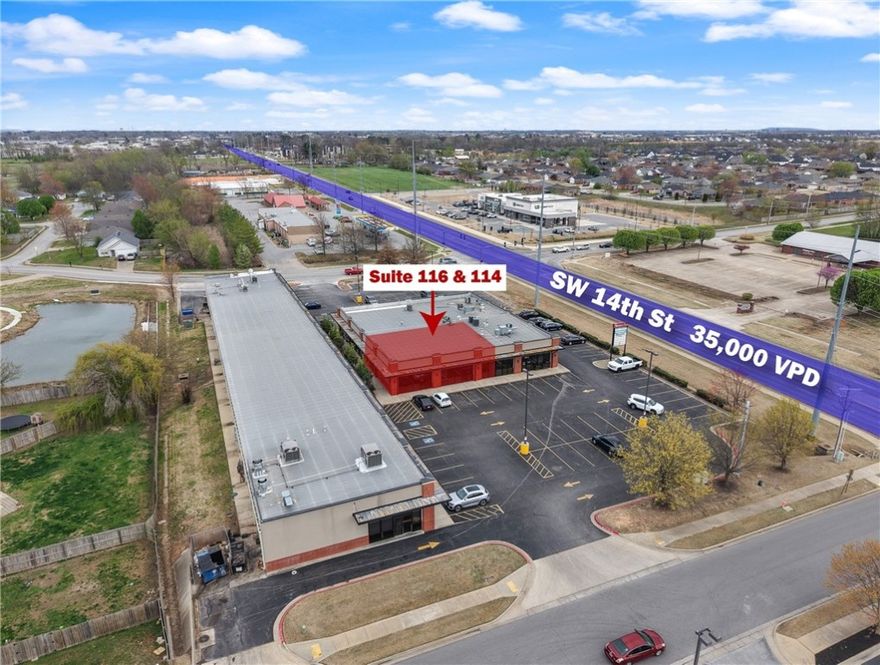 +/- 1,100 to 2,750 SF prime commercial space available for lease just off SW 14th St in Bentonville, offering an excellent location for businesses looking to establish a presence in a high-traffic area. Positioned next to Sandi Sue's Bakery, this suite is currently in shell condition, providing a blank slate for customization to meet the needs of the future tenant. The property sits on the "going home" side of 14th St., which sees approx. 35,000 VPD, ensuring maximum visibility and accessibility. Additionally it is conveniently located less than a mile from the Centerton Walmart Neighborhood Market, making it an ideal spot for retail, office, or service-oriented businesses. Can be divided into two suites if a small space is needed.