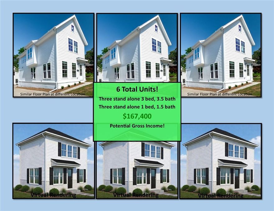 Brand-new turn key investment opportunity just minutes from campus! This property features six total units: three detached 3 bed, 3.5 bath homes and three detached 1 bed, 1.5 bath homes (no shared walls!). All three 1-bedroom units are pre-leased with start dates of 8/1/26 (1 at $1500/month and 2 and $1400/month). Seller can lease the 3-bedroom homes prior to closing for around $3050 to $3150 per unit.  Potential gross income of $167,400 for the second lease cycle and an estimated $161,400 gross income for first year . Each unit includes a refrigerator, washer, and dryer, along with quartz countertops, durable luxury vinyl plank flooring throughout, and custom ceiling-height cabinetry. All bedrooms have their own private en-suite bathrooms. Prime location near parks, trails, Fayetteville Square, shopping, dining, and campus!