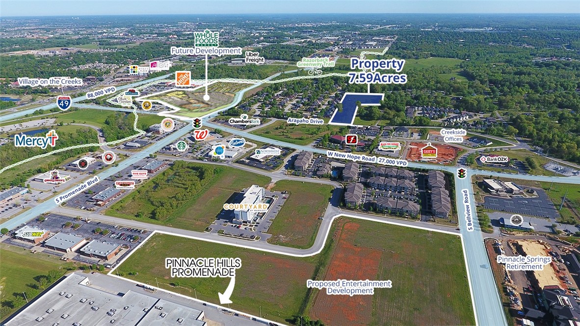 Land development opportunity in Pinnacle Hills of Rogers, Arkansas near future Whole Foods-anchored development, Pinnacle Hills Promenade, Mercy Hospital and Interstate 49. Location offers unlimited amenities including Topgolf, Walmart AMP and Razorback Greenway trail system with multiple restaurants and retail within walking distance. Nearby are several national retailers and area is the premier destination of Northwest Arkansas for shopping, business and entertainment.
**Showings by appointment only**
