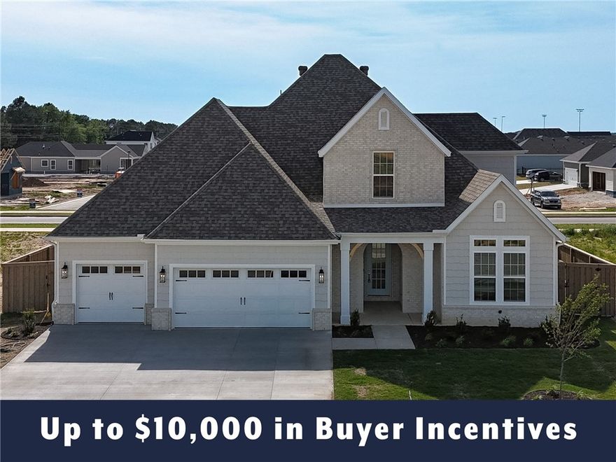 Up to $10,000 in buyer incentives available, including $6,500 from the builder and $3,500 from the preferred lender. These incentives may be used toward closing costs, prepaids, or a rate buydown. The builder portion may also be used as an appliance credit. Located in County Line Square near Shaw Family Park. The Clifton opens with a bedroom and full bathroom off the entry, then leads into an open living, kitchen, and dining area. The living room features a fireplace and windows overlooking the back patio. The kitchen includes a large island, ceiling-height cabinets, GE Profile appliances, and a pantry. Engineered hardwood runs throughout the first floor. The primary suite features a vaulted ceiling, double vanity with centered makeup vanity, walk-in shower, and walk-in closet connected to the laundry room. A mudroom leads to the 3-car garage. Upstairs offers 2 additional bedrooms and a full bathroom. Fence, blinds, and gutters are included, and a community pool and pavilion are coming soon for residents to enjoy.