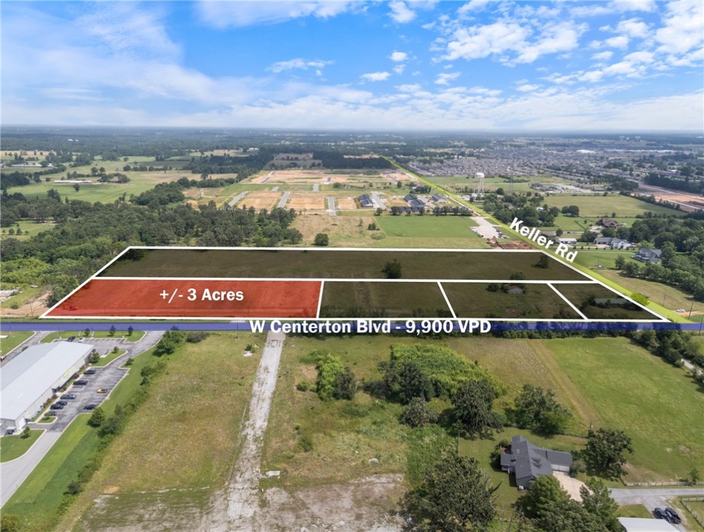 +/- 3 acres of prime land available off of W Centerton Blvd in Centerton. Currently zoned A-1
Agricultural, this property offers a strong redevelopment opportunity for commercial use. Ideal for an
office, retail space, or QSR, this lot is strategically positioned on W Centerton Blvd, which sees approx.
9,900 VPD. Gas is available on site, Water is available at the street, and Sewer is available approx. 750' to the east of the property. The location is less than one mile from Highway 279, around 1.5 miles from
Centerton's Main St., approx. 2 miles from Bentonville West High School, and just 7.5 miles from
Northwest Arkansas National Airport (XNA), making it a convenient and high traffic area for a future
business development. Build-to-suite/Ground lease options will also be considered!