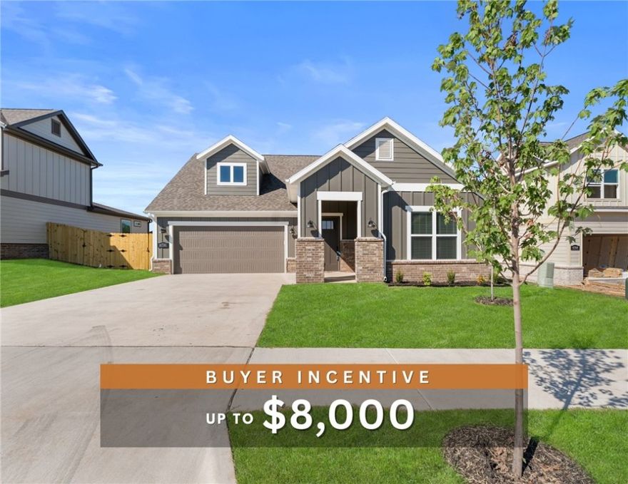 Fence, blinds and gutters included! Discover your dream home in the sought-after Osage Hills neighborhood. Emmet plan with garage on the left and East facing! 9 ft ceilings, linear electric fireplace in the living room, LVP flooring throughout the main living areas and primary bedroom, quartz countertops and more. Chef's kitchen boasting frigidaire stainless steel appliances, gas range, pantry, quartz countertops, bar pull handles and large island, all complemented by gorgeous backsplash. Luxurious primary bedroom features abundant natural light, while the spa-like primary bathroom offers a walk-in shower, tub, double sinks, and spacious walk-in closets. Additional features include a secondary bedroom downstairs, two large bedrooms upstairs and a separate laundry room. Nestled on a generous lot with covered patio that overlooks the serene sodded, fully fenced backyard. Sturdy concrete siding & brick! Model home located at 6008 SW Coywolf St- Lot 122.