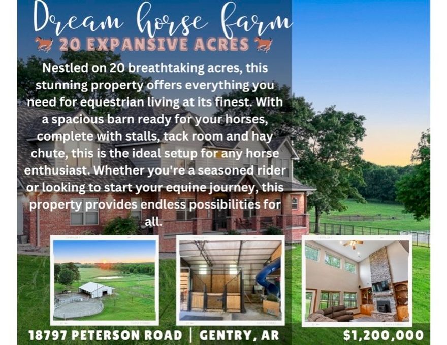 Experience the ultimate combination of comfort & equestrian life with this spacious home on +/- 20 acres. Inside you’ll find a hidden safe room, whole-house auto generator, wiring for timed Christmas lights, designated office, formal dining, bonus room and 2 story stone fireplace wall. 

Spoil your horses with 7 separate pastures including cross-fencing on approx 15 acres— mostly top-rail pipe & cable. Remaining fence is all horse safe. 2 pastures have a run-in shelter, 2 front pastures have access to barn overhang for shelter. 30 x 50 barn w/ electric throughout and own well for water source. (3) 10’x20’ stalls with European stall fronts, (2 stalls have nice large runs), fans, hay loft (with hay slide), tack/feed room, and concrete throughout for easier cleaning.  Also enjoy a 60’ round pen and the ground work is already started on a 125’ x 250’ arena.”

Spoil yourself with a huge 40 x 90‘ heated and cooled shop with concrete floors and 1/4 bath.
