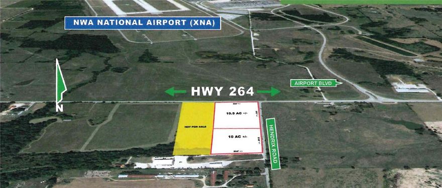 Positioned at the highly sought-after south entrance to Northwest Arkansas National Airport (XNA), are 10.5+-acres with significant frontage along Hwy 264 and Hendrix Road, the property offers exceptional visibility, access, and long-term investment potential.
This location is poised for substantial growth, with major infrastructure improvements already underway. Annexation has begun for a new limited-access, four-mile, four-lane corridor that will directly connect the south entrance of XNA to the I-49/I-612 interchange at Hwy 12, just south of Cave Springs. With an anticipated completion in late 2026 and groundbreaking by ARDOT in April 2024, this transformative project is expected to significantly enhance accessibility and drive commercial demand in the area. Also available 20.5+- acres (MLS 1342740) and 10+-acres (MLS 1342820).
