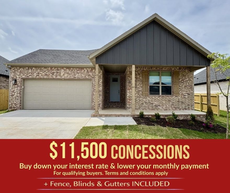 Don’t miss this beautiful Cardinal floor plan in the highly desirable Yorktown Subdivision in Pea Ridge! Blending timeless architecture with modern features, this 1,671 sq ft home offers 3 bedrooms, 2 bathrooms, a 2-car garage, and convenient one-level living.Designed with both style and function in mind, this home includes elegant framed mirrors in the bathrooms and added storage with cabinets above the toilets. Stay ahead with Cat 6 wiring for fast, reliable internet—perfect for remote work or streaming. An attic ladder pulldown provides easy access to additional storage space, maximizing every inch of the home.For a limited time, Lower your interest rate with $5,000 from the builder + $2,500 appliance allowance + up to 4k in closing costs from select lenders. For a total of up to 11,500K with lender incentives. Fence, blinds, and gutters are all included.