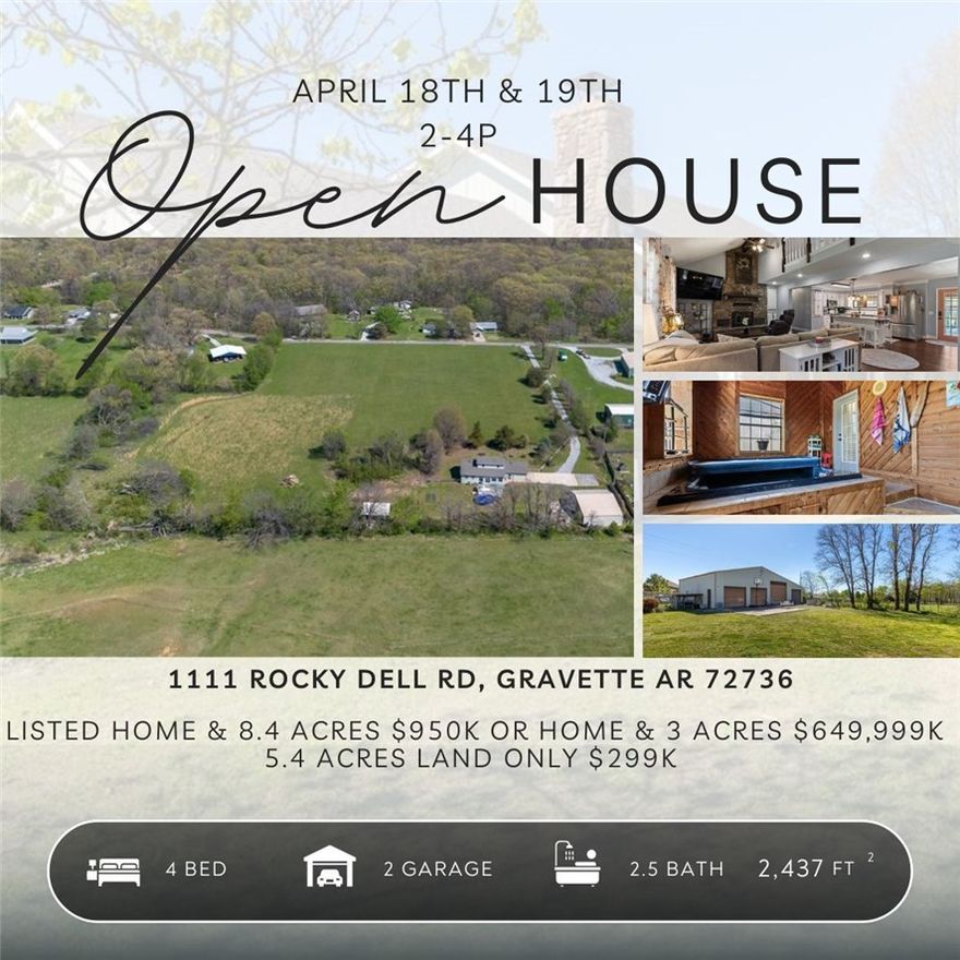 Discover the perfect blend of privacy, utility, and relaxation at 1111 Rocky Dell Rd NE! Situated on a sprawling 3-acre level lot in a prime Gravette location, this property offers a country feel lifestyle opportunity with room to breathe.
The heart of the home is the expansive owner’s suite, featuring access to the private indoor spa room complete with a hot tub—your own personal sanctuary regardless of the weather. Outside, the summer-ready backyard boasts a large above-ground pool, perfect for entertaining or enjoying quiet Ozark afternoons.
For the hobbyist or professional, the property includes a massive detached shop providing ample space for equipment, projects, or a home business. With three lush acres, there is plenty of room for gardening, animals, or future expansion, all while staying minutes away from downtown Gravette and NWA amenities. Whether you’re looking for a functional homestead or your own secluded spot near everything, this property delivers.