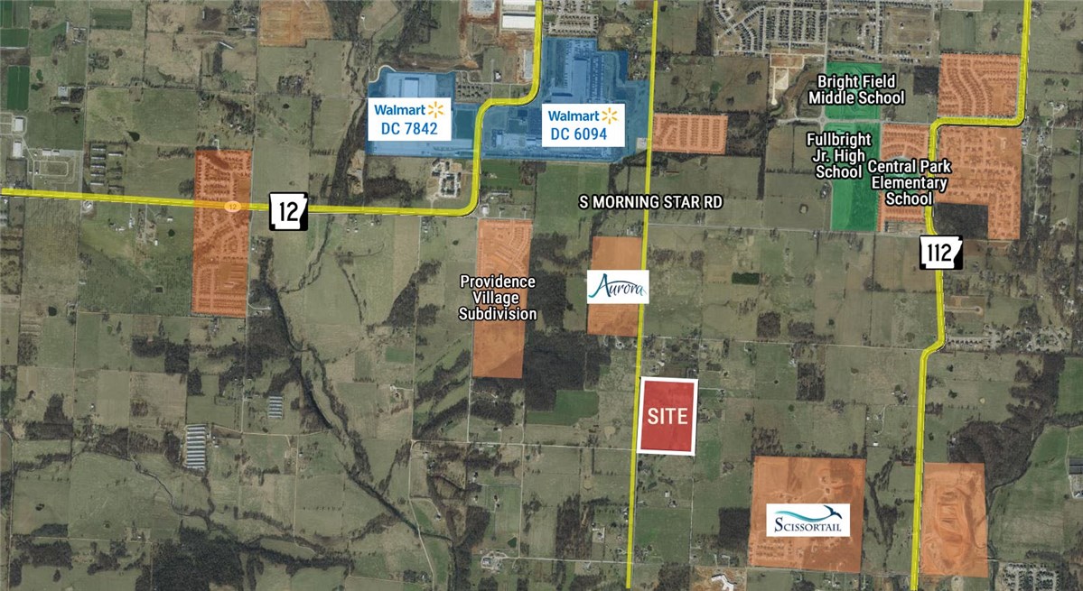 50.04 acres located between S Morning Star Rd and Gaston Rd. Two ponds are located on the property. 1,651 ft of frontage on S Morning Star and 1,653 ft frontage on Gaston Rd. Land near new Aurora & Scissortail Subdivisions. Development would require public road improvements on S Morning Star. Currently in Benton County. Access to Bentonville utilities require voluntary annexation.