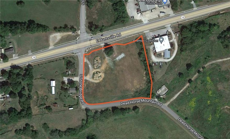 Corner lot located on HWY 16 (Huntsville Rd) and Dead Horse Mountain Rd. 3.54 acres of cleared and flat ground. Zoned C1. There is over 1200' of paved road access. The property is accessible on 3 sides from pavement. Commercial opportunities abound. Traffic counts are over 20,000 vehicles a day.