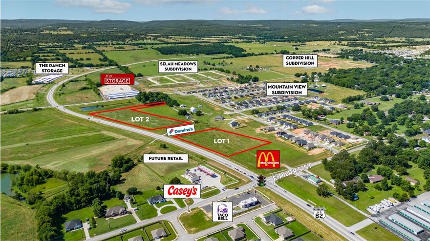 Commercial lots along Hwy 62 next to McDonald's, Domino's, Casey's, & Taco Bell. This is an opportunity for your business to be a part of Prairie Grove's newest commercial corridor!

- Lots can be subdivided as needed
- Surrounded by new and developing subdivisions
- Water & sewer will be on-site by February 2026
- New access points approved along Hwy 62
- Topographical survey available upon request
- 11,000 CPD along Hwy 62