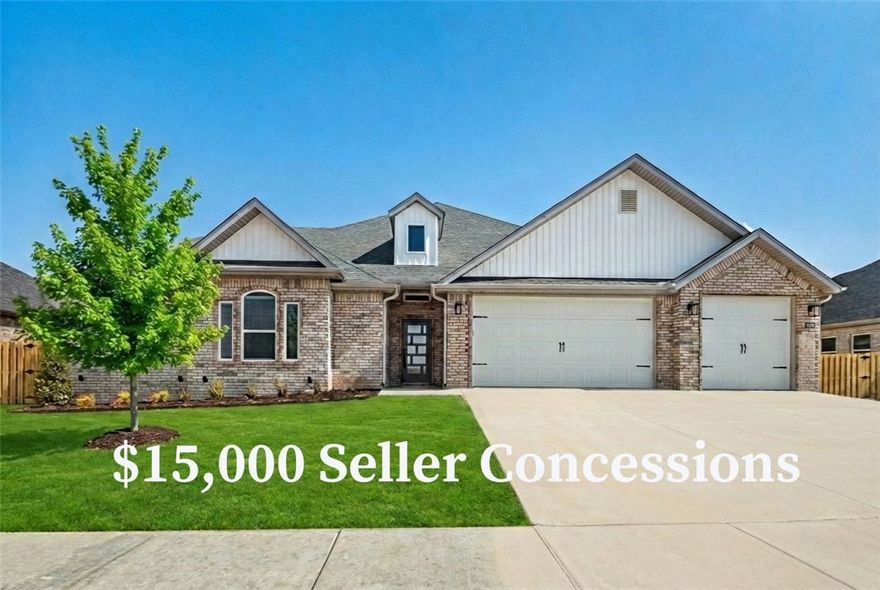 Welcome to Wellington Hills! Located just minutes from Bentonville, Rogers, and I-49, this community offers great schools and a prime location. The Salford Floor Plan features an open-concept layout with 4 bedrooms and 2.5 bathrooms. The kitchen is a dream, boasting custom cabinetry, granite countertops, and stainless steel appliances. The living room is warm and inviting with wood floors, a stunning wood beam, and a cozy fireplace. The primary suite is a true retreat, featuring a trayed ceiling and a spacious wrap-around closet. Additional perks include a 3-car garage, fenced yard, gutters, and a covered patio—perfect for outdoor enjoyment. Taxes are currently based on land only. The builder is offering $15,000 towards closing costs OR a rate buy-down. Also, there are preferred lender incentives available.