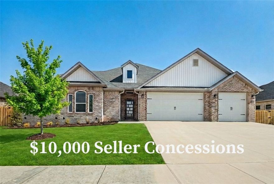 Welcome to Wellington Hills! Located just minutes from Bentonville, Rogers, and I-49, this community offers great schools and a prime location. The Salford Floor Plan features an open-concept layout with 4 bedrooms and 2.5 bathrooms. The kitchen is a dream, boasting custom cabinetry, granite countertops, and stainless steel appliances. The living room is warm and inviting with wood floors, a stunning wood beam, and a cozy fireplace. The primary suite is a true retreat, featuring a trayed ceiling and a spacious wrap-around closet. Additional perks include a 3-car garage, fenced yard, gutters, and a covered patio—perfect for outdoor enjoyment. Taxes are currently based on land only. The builder is offering $7500 towards closing costs OR a rate buy-down. Also, there are preferred lender incentives available. For a limited time, the builder is offering an extra $2500 towards closing costs OR a gift card to Lowes or Amazon.