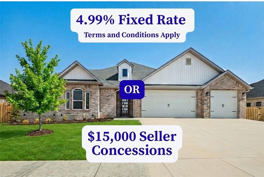 Welcome to Wellington Hills! Located just minutes from Bentonville, Rogers, and I-49, this community offers great schools and a prime location. The Salford Floor Plan features an open-concept layout with 4 bedrooms and 2.5 bathrooms. The kitchen is a dream, boasting custom cabinetry, granite countertops, and stainless steel appliances. The living room is warm and inviting with wood floors, a stunning wood beam, and a cozy fireplace. The primary suite is a true retreat, featuring a trayed ceiling and a spacious wrap-around closet. Additional perks include a 3-car garage, fenced yard, gutters, and a covered patio—perfect for outdoor enjoyment. Taxes are currently based on land only. The builder is offering $15,000 towards closing costs OR a rate buy-down. Also, there are preferred lender incentives available.