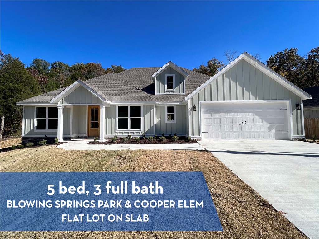 Location, Location Location!!! Premium lot near Blowing Springs and Cooper Elementary. 5 bedroom, 3 full bath flat lot on a slab. Foyer leads to a front office/BR and large vaulted living room. Master suite with walk in shower, soaking tub, large closet and split his/hers double vanity. Wood flooring in living, office and master. Public sewer access, central vacuum, quartz counters. Wood views from the walk out covered patio. Come see it today!