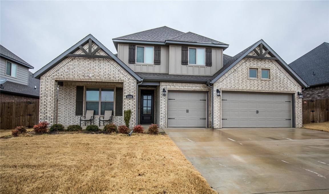Beautiful home in SW Bentonville with community pool. Close to everything. This home features an open floor plan with 4 bedrooms. 3.5 baths, hardwood flooring throughout main living area, granite counters, stainless appliances, central vac, extra large pantry and lots of storage. Living room has vaulted ceilings with wood beams and gas fire place. Primary bath has separate soaking tub and tile shower. Fenced back yard with spacious covered patio and fireplace with TV hook-up. Lots of storage.