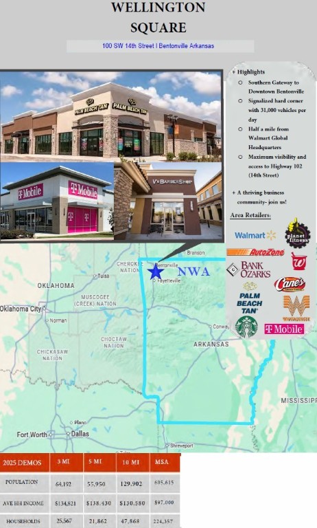 Located in the Southern Gateway to Downtown Bentonville.
33,000+ VPD on Hwy. 102 (14th Street)
Easy Walk/Bide Ride from Downtown
Regional Traffic and Visibility
3 minutes from New Walmart Global Headquarters.