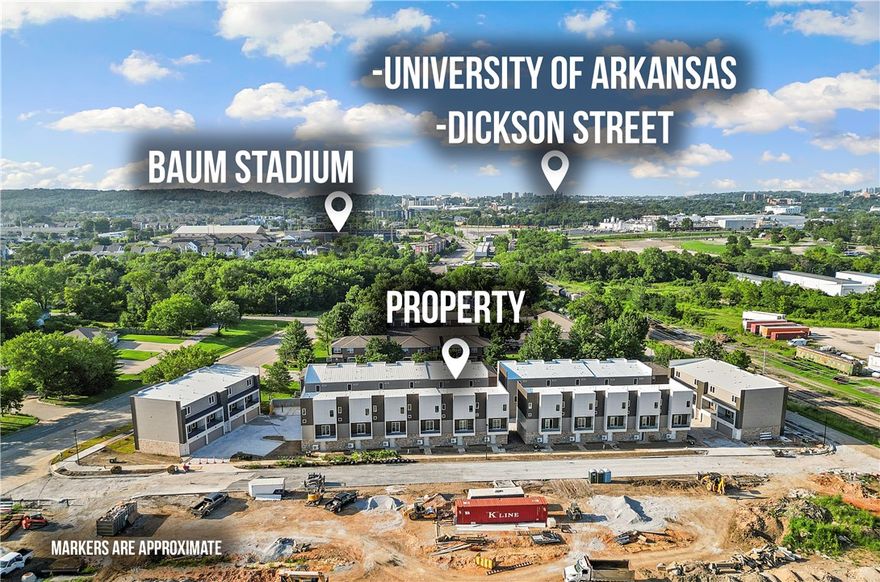 Down the street from U of A Diamond Hog Stadium. 30 units in multiple 4, 5, and 6-plex buildings. Eight 3BR, 3.5 BA and twenty-two 2BR, 2.5 BA, 3-story townhome/condo with contemporary, open floor design, ensuite bathrooms, quartz countertops, stainless steel, high-efficiency appliances, washer & dryer, programmable thermostats, cozy, electric living room fireplace, spacious tile showers with glass doors, garage door openers, luxury vinyl flooring-no carpet, upper-level tile flooring deck with iron railings. 30 dedicated parking spaces. Under Construction to be completed on or before June 2025. Horizontal property regime. Located in an opportunity zone.
All items requested to be repaired/addressed with the exception of the secondary drain and shut-off switch.  Per the HVAC installer, Lowder Brothers Heating and Air, the drain pan and overflow switch are internal to the unit.