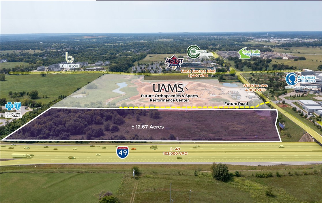 Exceptional visibility from I-49 (1,300 linear feet of frontage). The property is situated in the rapidly growing west Springdale market. One of the last properties in the area with primary I-49 frontage and surrounded by large scale developments such as Arkansas Children's Hospital, Arkansas Blue Cross/Blue Shield, UAMS. Favorable terrain for development.