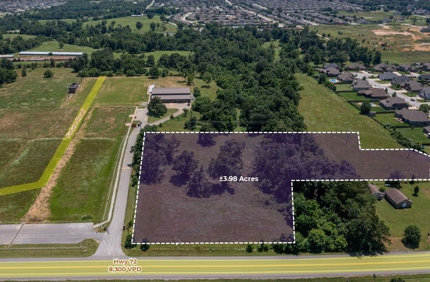 This property boasts a strategic location at a soft corner on Highway 72, with a planned future road that will connect directly to Downtown Centerton, enhancing its long-term accessibility and value. Offering excellent visibility, the site features direct frontage along Highway 72, which sees approximately 8,300 vehicles per day. The land is development-ready, with preliminary plans in place for sewer connections as well as drawings for leach fields and septic capacity, making it well-suited for restaurant or commercial development. Situated within a prominent growth corridor, the area is expected to evolve into a major commercial hub for North Centerton. Additionally, future street access will further strengthen connectivity to surrounding residential neighborhoods and local amenities, increasing the site’s overall appeal and utility.