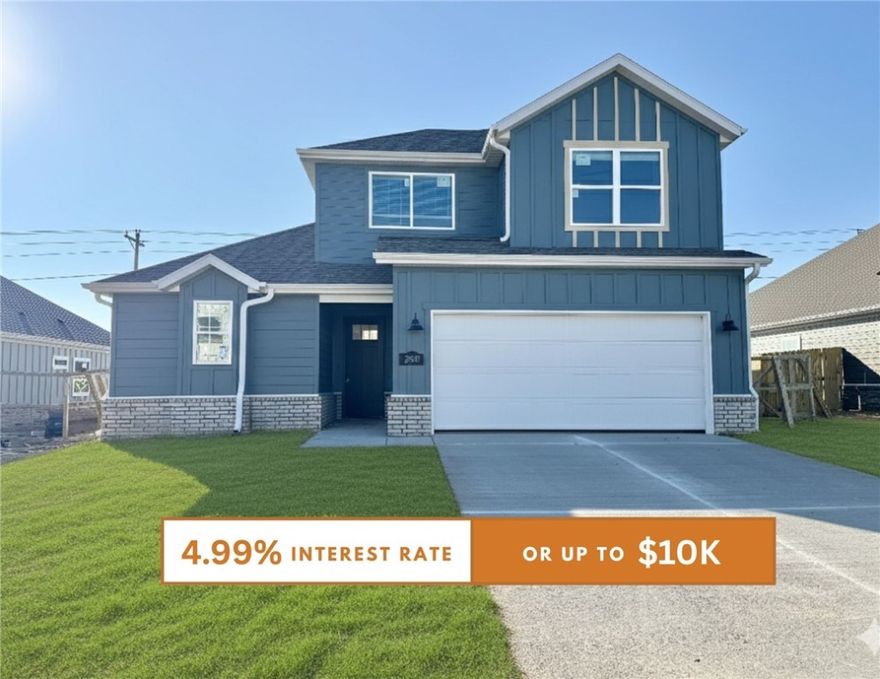 Fence, blinds and gutters included! Discover your dream home in the new neighborhood- Jacob's Crossing. Aiden plan with garage on the right and North facing! 9 ft ceilings, linear electric fireplace in the living room, LVP flooring throughout the main living areas and primary bedroom, quartz countertops and more. Chef's kitchen boasting frigidaire stainless steel appliances, gas range, pantry, quartz countertops, bar pull handles, tons of counter space and gorgeous backsplash. Luxurious primary bedroom features abundant natural light, while the spa-like primary bathroom offers a walk-in shower, double sinks, and spacious walk-in closets. Additional features include three large secondary bedrooms upstairs and a functional laundry room. Nestled on a generous lot with covered patio that overlooks the serene sodded, fully fenced backyard. Sturdy concrete siding! Model home located at 3631 Tranquility St- Lot 1.