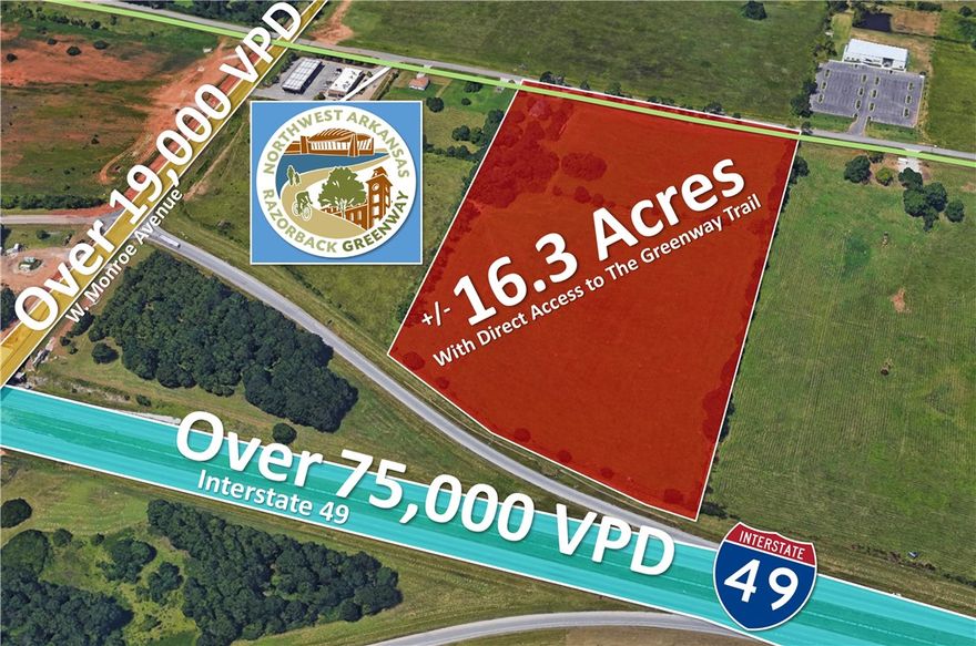 This is your opportunity to capture a fantastic +\-16.3 Acre developable tract of land with direct access to the Razorback Greenway Trail in up-and-coming Lowell, Arkansas! This gorgeous tract of land is located conveniently close to I-49 which sees over 75,000 VPD & one of the most well-traveled roads in town, W. Monroe Avenue, which sees over 19K VPD! The land is overall level with some genuinely nice features & boasts convenient, direct access to the Lowell's Goad Springs component of the Razorback Greenway Trail! Lowell's Goad Springs Trail is a 5 mile out and back trail that spans the north–south length of the growing city, offering a connection for residents and visitors to both Rogers in the north and Springdale in the south, and continue their journey on the Pleasant Grove Trail & Silent Grove Trail. The trail is treasured jewel of the area is used for walking, running, rollerblading, & road biking! Act now & start planning to incorporate these amazing features into your next development project!