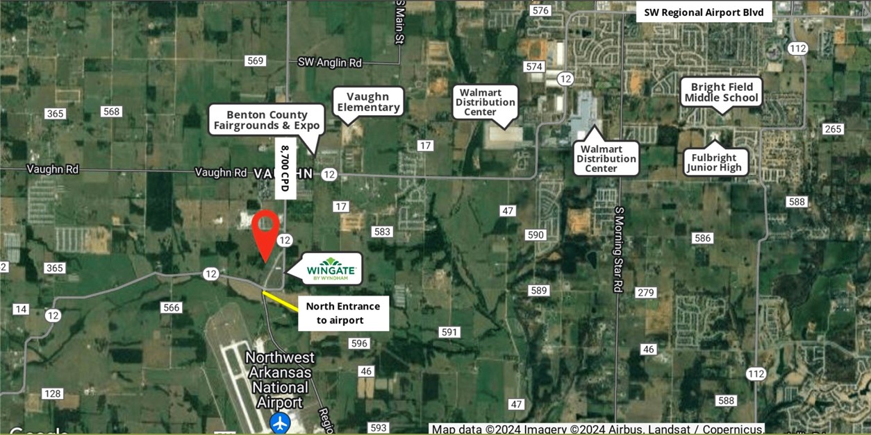 Large parcel available directly north of Northwest Arkansas National Airport. South of the Walmart
Distribution Centers and quick access to Bentonville & Centerton. Near the Benton County Fairgrounds,
Bentonville schools, and more. 3 access points- north, east, and south boundaries. Water & sewer at north
and east boundaries of the property. Approx 968' of frontage along Hwy 12. Zoned C-1 & C-2. 8,600 CPD
along Hwy 12. Major route from Gentry & Highfill to Bentonville.