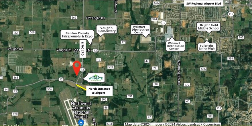 Large parcel available directly north of Northwest Arkansas National Airport. South of the Walmart
Distribution Centers and quick access to Bentonville & Centerton. Near the Benton County Fairgrounds,
Bentonville schools, and more. 3 access points- north, east, and south boundaries. Water & sewer at north
and east boundaries of the property. Approx 968' of frontage along Hwy 12. Zoned C-1 & C-2. 8,600 CPD
along Hwy 12. Major route from Gentry & Highfill to Bentonville.