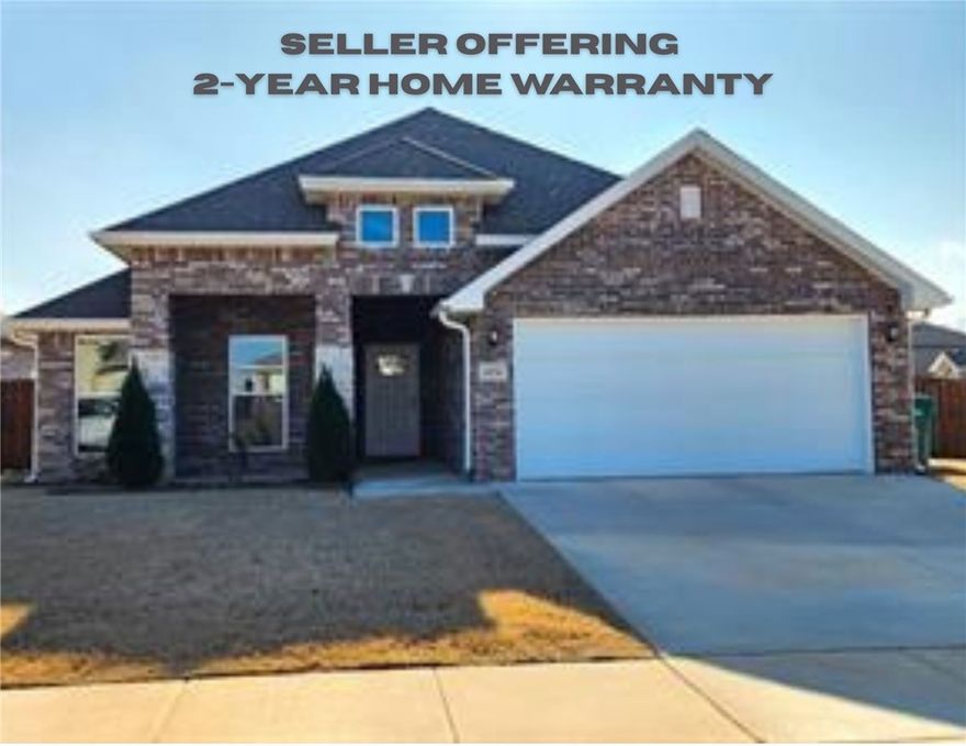 Welcome to this thoughtfully designed 1993sf 3-bedroom, 2-bath nearly-new construction home. The split floor plan features an open concept spacious living area flooded w/ natural light & corner gas fireplace. The pristine kitchen, complete w/ a gas stove, has a large pantry & ample counter space. The primary suite w/ double vanities is privately located & includes a walk-in closet directly connected to the laundry room for convenience. Two secondary bedrooms are set off the generous foyer w/ a cozy seating nook, creating a welcoming & functional layout. Situated on a large .24-acre corner lot, the expansive backyard boasts a covered patio overlooking a blueberry bush, cherry, plum & peach trees, all enclosed by a wood privacy fence. The two-car garage includes a unique kitchenette w/ a 4-burner gas cooktop, exterior-vented hood, & sink, ideal for entertaining. Seller is offering a 2-year Home Warranty. Located near Centerton Middle & High School, w/ quick access to shopping, dining, parks, & Hwy 72.