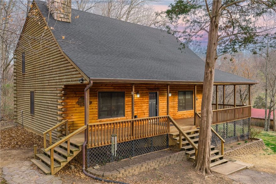 Escape to your country estate on 13.28 acres. Custom log-sided home has NEW roof on the house and storage shed, updated Andersen windows, flooring and water heater. Enjoy the pastoral views from the covered porch, pergola or firepit. Vaulted ceilings, large loft and wood stove anchor the open floorplan. Updated kitchen has granite countertops and island plus a pantry. Private primary suite features large ensuite bath with jetted tub, dual vanities and separate shower. Handy mudroom with outside door. Perfect for a hobby farm and/or nature enthusiasts with a mix of cleared pasture and woods. Plentiful wildlife with large pond and a creek. Great location only 10 mins. from downtown Fayetteville and less than 5 mins. to Drake Field, schools, restaurants and shopping. Located off a paved road with circle drive, storage shed, pole barn and chicken coop.