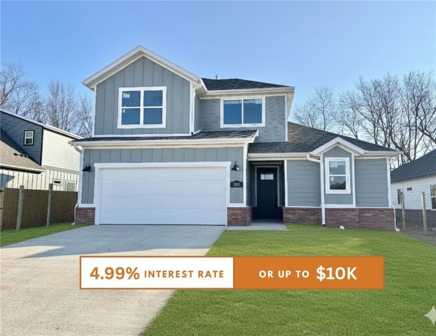 Fence, blinds and gutters included! Discover your dream home in the new neighborhood- Jacob's Crossing. Aiden plan with garage on the left and West facing! 9 ft ceilings, linear electric fireplace in the living room, LVP flooring throughout the main living areas and primary bedroom, quartz countertops and more. Chef's kitchen boasting frigidaire stainless steel appliances, gas range, pantry, quartz countertops, bar pull handles, tons of counter space and gorgeous backsplash. Luxurious primary bedroom features abundant natural light, while the spa-like primary bathroom offers a walk-in shower, double sinks, and spacious walk-in closets. Additional features include three large secondary bedrooms upstairs and a functional laundry room. Nestled on a generous lot with covered patio that overlooks the serene sodded, fully fenced backyard. Sturdy concrete siding! Model home located at 3631 Tranquility St- Lot 1.