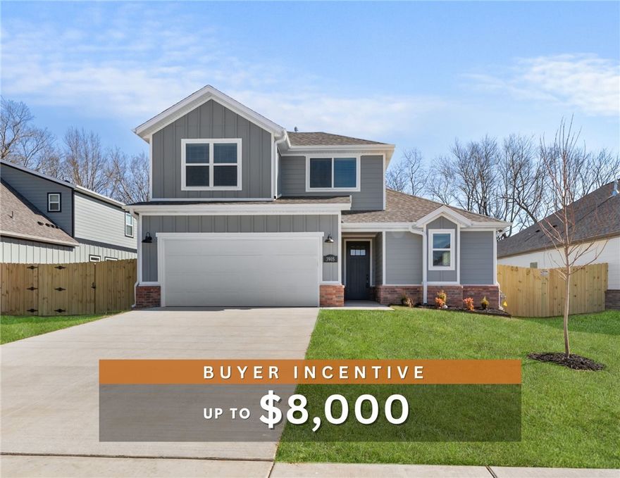 Fence, blinds and gutters included! Discover your dream home in the new neighborhood- Jacob's Crossing. Aiden plan with garage on the left and West facing! 9 ft ceilings, linear electric fireplace in the living room, LVP flooring throughout the main living areas and primary bedroom, quartz countertops and more. Chef's kitchen boasting frigidaire stainless steel appliances, gas range, pantry, quartz countertops, bar pull handles, tons of counter space and gorgeous backsplash. Luxurious primary bedroom features abundant natural light, while the spa-like primary bathroom offers a walk-in shower, double sinks, and spacious walk-in closets. Additional features include three large secondary bedrooms upstairs and a functional laundry room. Nestled on a generous lot with covered patio that overlooks the serene sodded, fully fenced backyard. Sturdy concrete siding! Model home located at 3631 Tranquility St- Lot 1.