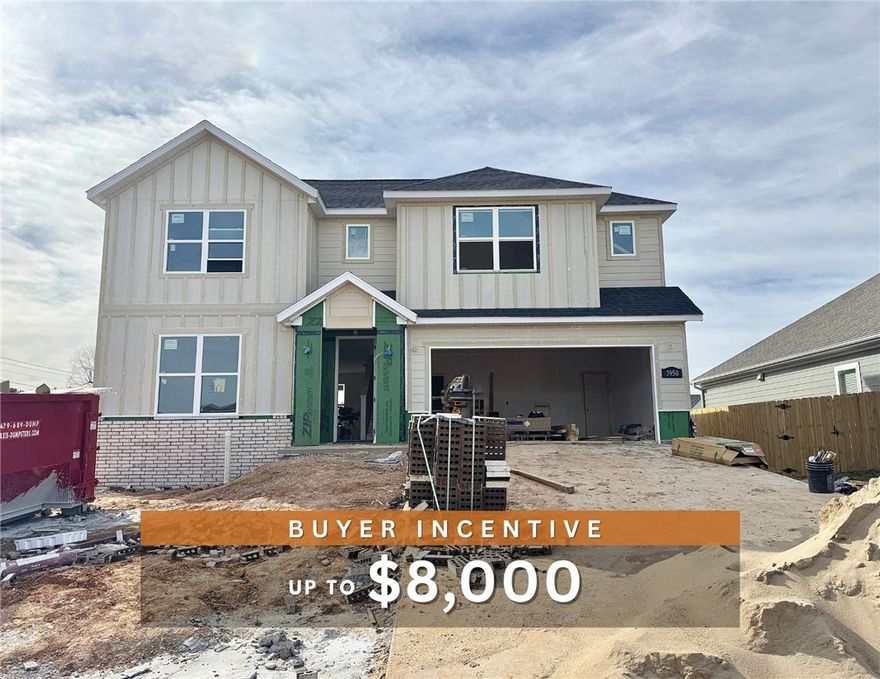 Fence, blinds and gutters included! Discover your dream home in the new neighborhood- Jacob's Crossing. Murphy plan with garage on the right and East facing! 9 ft ceilings, linear electric fireplace, LVP flooring throughout the main areas and primary bedroom, quartz countertops and more. Chef's kitchen boasting frigidaire stainless steel appliances, gas range, pantry, quartz countertops, bar pull handles, large island and gorgeous backsplash. Luxurious primary bedroom features abundant natural light, while the spa-like primary bathroom offers a walk-in shower, tub, double sinks and spacious walk-in closets. Additional features include a formal dining/study, three large secondary bedrooms upstairs and a functional laundry room. Nestled on a generous lot with covered patio that overlooks the serene sodded, fully fenced backyard. Sturdy concrete siding! Model home located at 3631 Tranquility St- Lot 1.