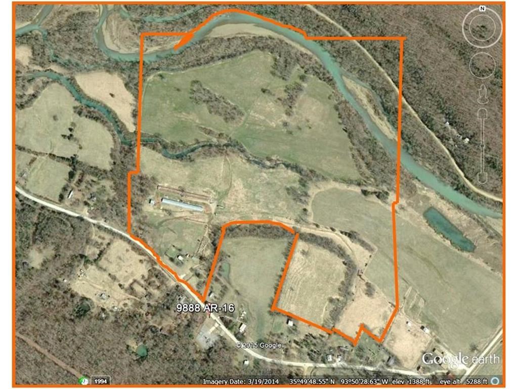 Surveyed 125 acres farm with small farm house, barns, hay house, creek, pond, over 2,000 feet of White River, 1/4 mile of gravel bar. Hwy 16 frontage that touches County Rd at back. Gas, rural water on site. Mostly cleared, fenced & cross fenced. Live water!