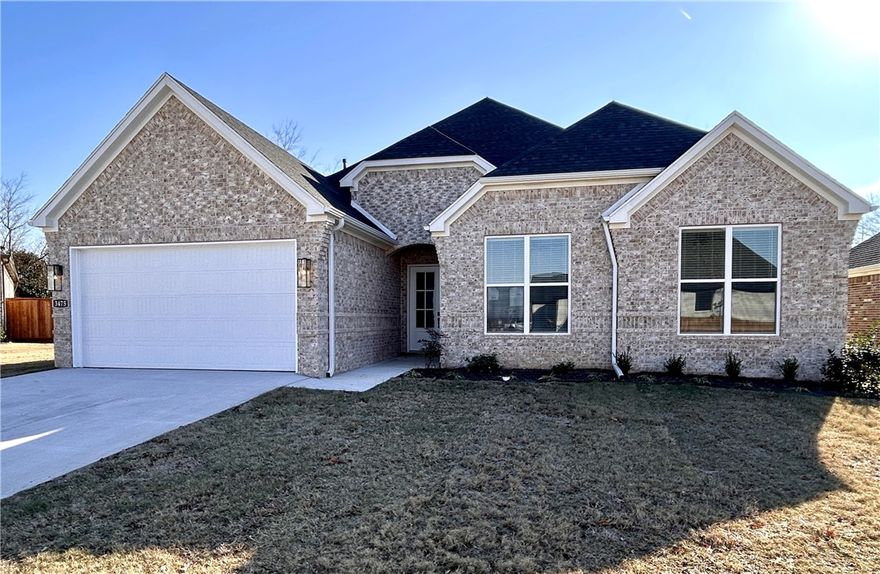 The lovely Kelsey plan in Hughmount, located in Fayetteville, Arkansas! The Kelsey plan includes 4 bedrooms, 3 baths, and 2465 square feet. These brand-new homes boast 4-sided brick and LVP flooring. Upon entering, you will find a spacious living area featuring a gas fireplace with a poplar mantle. The kitchen will have 42-inch cabinets, lovely appliances and quartz countertops and tile backsplash.  The Primary bedroom has a fabulous en suite, dual sinks, with a walk-in shower with tiled walls and a soaking tub!  These homes feature LED lighting throughout, and a high efficiency AC with programmable Wi-Fi thermostat. Come find your dream home today! Taxes and Parcel TBD. Garage Door Opener!