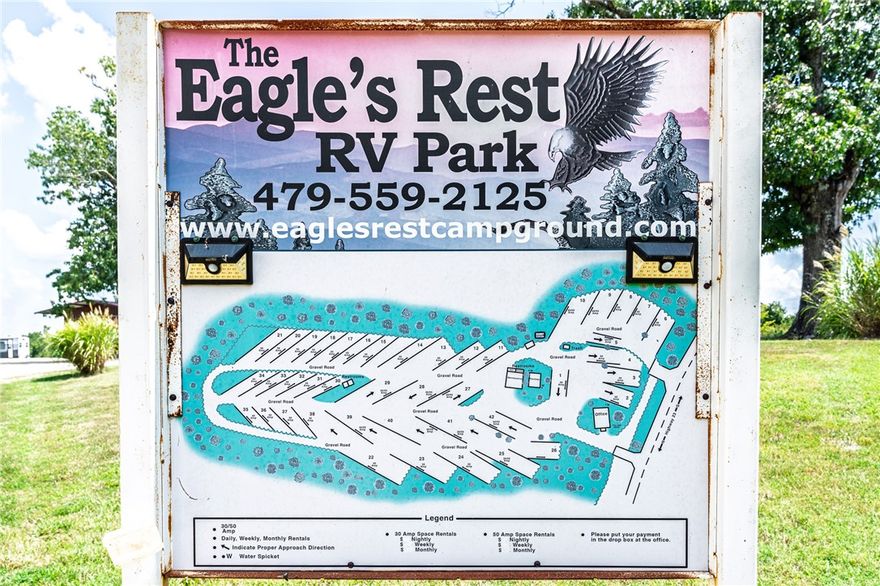 Originally purchased as raw land in 2016, the owner cleared the acreage, graded roads, designed pads, and built structures to open Eagles Rest RV & Camping. The park features 43 RV sites, along with an office, 2 sets of bathrooms, maintenance shop, pavilion, and pump station. Surrounded by tree-lined borders and a rural feel, but a close drive into town. Appraised value based on land and improvements.