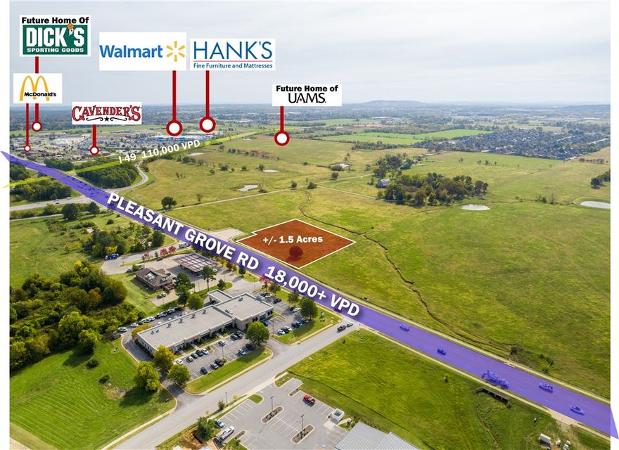 Exceptional Site Development Opportunity! +/- 1.5 acres of prime commercial land just off I-49 in
Rogers. This highly visible site offers direct access from Exit 81 and boasts full utility access—water,
sewer, and gas at the street, and electric on site. The current site plan is preliminary; shape, size, and
access are subject to change and can be tailored to suit the end user. Surrounded by top national retailers —Walmart, Starbucks, Chick-fil-A, McDonald's, Academy, Ross, and a future Dick's Sporting Goods—this location is ideal for high-traffic commercial use. Traffic counts reach +/- 110K VPD on I-49 and 18K on W Pleasant Grove Rd. Perfect for restaurants, QSRs, pharmacies, coffee shops, banks, and general retail. Just 2.5 miles to Top Golf and Walmart AMP, 10 minutes to Walmart’s new HQ, and under 20 minutes to XNA. UAMS is building next door, and Schuber Mitchell Homes plans +/- 520 units nearby. Avg. household income within 1 mile is +/- $170K—driving growth at this dynamic location.