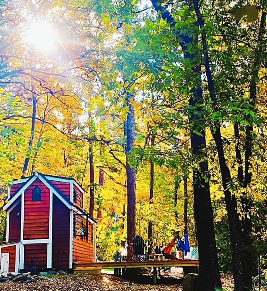 Custom built Cedar Tiny Home on 6.394 wooded acres just outside city limits.  Large deck and Fireplace gives this home a great outdoor living space.  Many custom features in home, everything has its place.  Heated/Cooled with mini split and a tiny wood stove heats the entire home.  Composting toilet and deep soaking tub.  Roof is double Italian Fiberglass Tiles making it very efficient. Bedroom is a loft and not included in sf. The 6 acres has several good building sites behind the tiny home.  Have a place to live while you build your dream home and then use the Tiny Home as a Guest House or Nightly Rental.  Windows were custom made in Savannah GA and are Gothic style in front and back, designed to maximize airflow throughout the home. Has an elaborate lighting system inside and out designed by NWA Lighting.