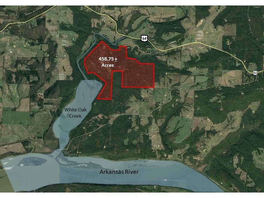 Majority wooded land with a 1,400 SF home and pole shed on the property. Timber rights and all mineral rights are included with purchase. Property has 40 +/- acres of planted timber (pine and hardwoods) Beautiful property just north of the Arkansas River. The property fronts White Oak Creek and Lake. The Corp of Engineers is the property owner along western boundary.