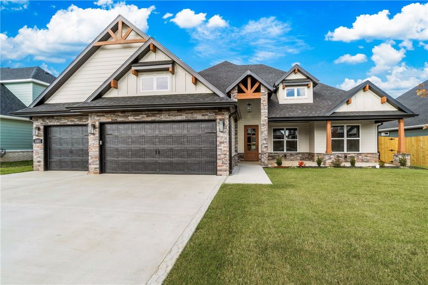 Welcome to Maple Estates, located in Centerton, AR, just 6 miles from downtown Bentonville. This
community offers convenient access to schools, shopping, and entertainment. The Kenley plan boasts 3,146 square feet of well-designed space, featuring 4 bedrooms and 3.5 bathrooms. Every inch of this home is thoughtfully crafted, combining functionality with elegance. The open-concept living area includes a kitchen that seamlessly flows into the living room, which is highlighted by vaulted ceilings. All bedrooms come with walk-in closets, offering ample storage throughout the home. In addition to the 4 bedrooms, the home includes a downstairs office space and an upstairs bonus room, perfect for various uses. A 3-car garage provides plenty of parking and storage options. Enjoy the outdoors with covered front and back patios, with the back patio featuring a cozy fireplace, ideal for relaxing or entertaining. Additionally,  $10,000 in closing costs from the builder and up to $5,000 from a preferred lender.