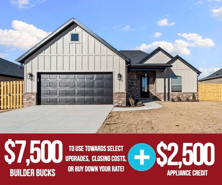 Welcome home to this beautifully designed Dove floor plan located in the desirable Yorktown Subdivision in Pea Ridge. This thoughtfully crafted 1,886 sq ft, single-story home offers a versatile nook, and a 2-car garage, perfectly blending comfort and functionality. Step inside through a grand 8-foot front door, creating an impressive entrance while allowing abundant natural light to flow throughout the home. The open-concept living space is ideal for everyday living. The kitchen features sleek stainless steel appliances, offering modern style and long-lasting durability. Designed with efficiency in mind, the home includes fully insulated garage doors and walls, providing enhanced energy efficiency. For a limited time, Lower your interest rate with $7,500 from the builder + $2,500 appliance allowance + up to 4k in closing costs from select lenders. For a total of up to 14K with lender incentives. Fence, blinds, and gutters are all included.