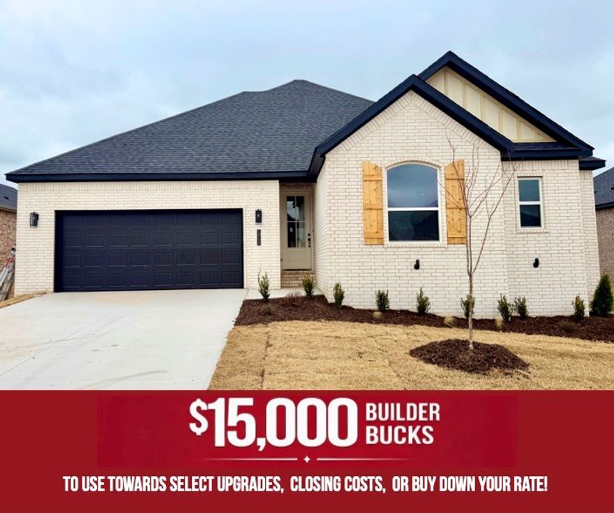 This beautiful 1,771 sq ft, single-story home combines timeless design with modern features. The open layout is perfect for comfortable living and entertaining. The main living areas feature LVP flooring in the kitchen, living room, dining area, and hallways, offering durability and modern style. Enjoy cooking with a gas cooktop and hood vented to the exterior for superior performance and ventilation. Bathrooms feature tile extending to the ceiling, creating a luxurious and easy-to-maintain finish. The insulated garage door and walls enhance energy efficiency and provide year-round comfort. Located in Yorktown, a growing community with convenient access to Northwest Arkansas amenities, this home offers quality, style, and functionality.For a limited time, Lower your interest rate with $7,500 from the builder + $2,500 appliance allowance + up to 4k in closing costs from select lenders. For a total of up to 14K with lender incentives. Fence, blinds, and gutters are all included.