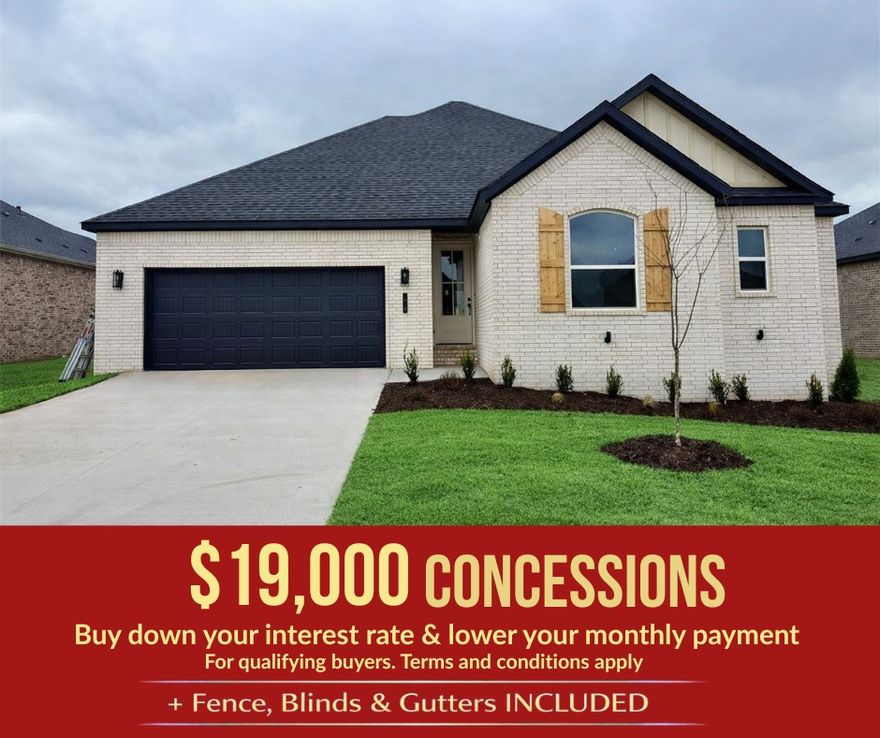 This beautiful 1,771 sq ft, single-story home combines timeless design with modern features. The open layout is perfect for comfortable living and entertaining. The main living areas feature LVP flooring in the kitchen, living room, dining area, and hallways, offering durability and modern style. Enjoy cooking with a gas cooktop and hood vented to the exterior for superior performance and ventilation. Bathrooms feature tile extending to the ceiling, creating a luxurious and easy-to-maintain finish. The insulated garage door and walls enhance energy efficiency and provide year-round comfort. Located in Yorktown, a growing community with convenient access to Northwest Arkansas amenities, this home offers quality, style, and functionality.For a limited time, Lower your interest rate with $7,500 from the builder + $2,500 appliance allowance + up to 4k in closing costs from select lenders. For a total of up to 14K with lender incentives. Fence, blinds, and gutters are all included.