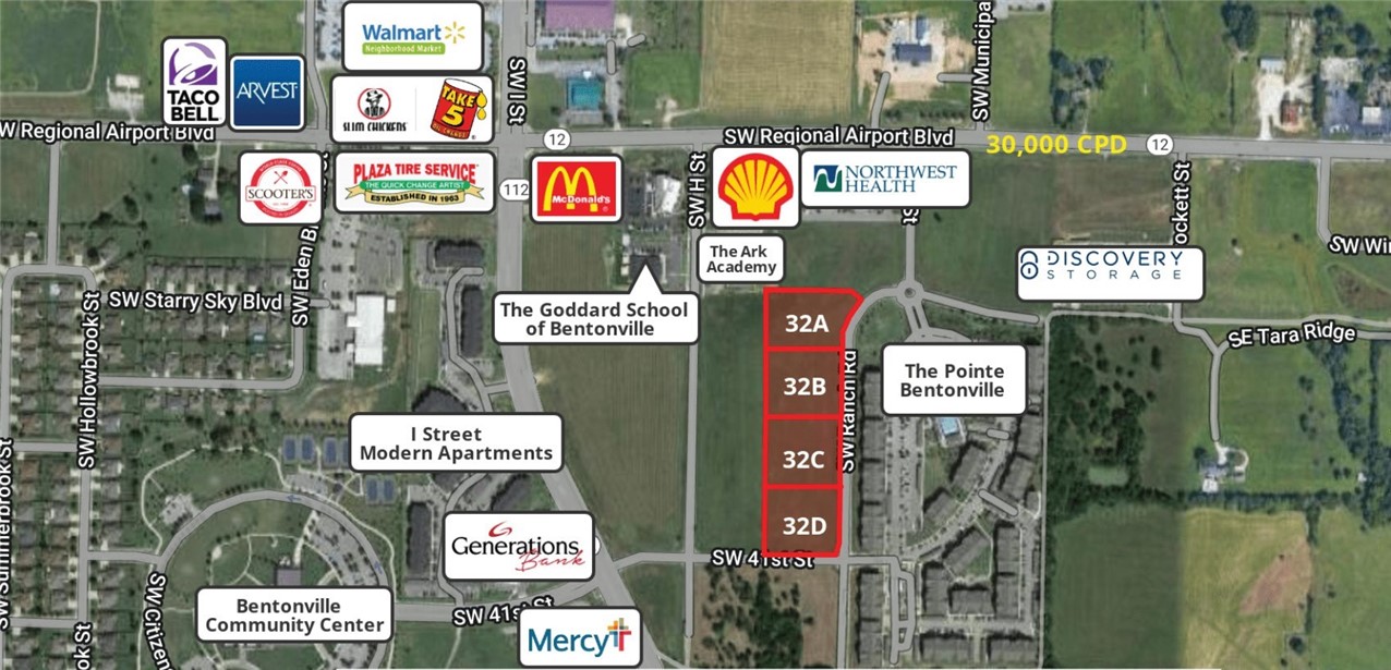 Prime development opportunity! Rapidly growing area of Bentonville west of I-49 just off of SW Regional Airport Blvd. Surrounded by single family & multi-family developments, with close proximity to Walmart Neighborhood Market, restaurants, and services. Flat, clear, & level lots ready for development.
Ideal for medical, retail, office, & more. All utilities on site. Central location to all that Bentonville has to offer. 15 minutes to Northwest Arkansas National Airport.