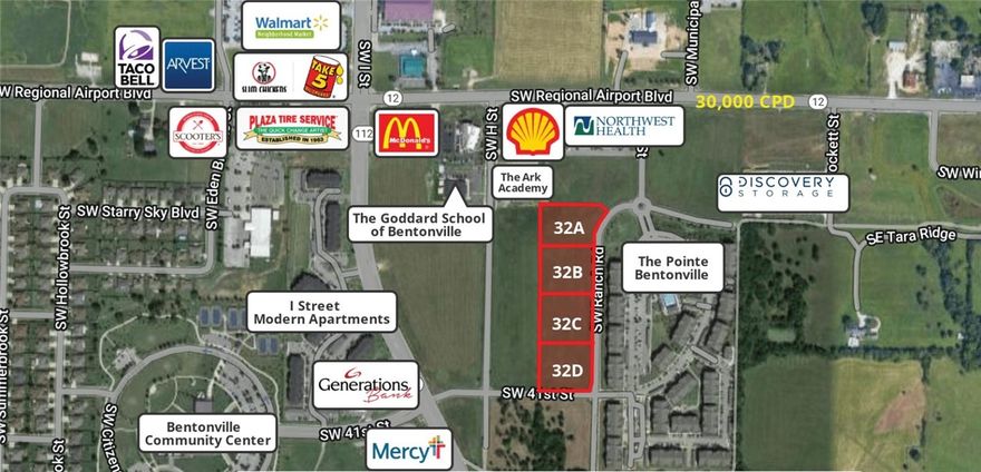 Prime development opportunity! Rapidly growing area of Bentonville west of I-49 just off of SW Regional Airport Blvd. Surrounded by single family & multi-family developments, with close proximity to Walmart Neighborhood Market, restaurants, and services. Flat, clear, & level lots ready for development.
Ideal for medical, retail, office, & more. All utilities on site. Central location to all that Bentonville has to offer. 15 minutes to Northwest Arkansas National Airport.