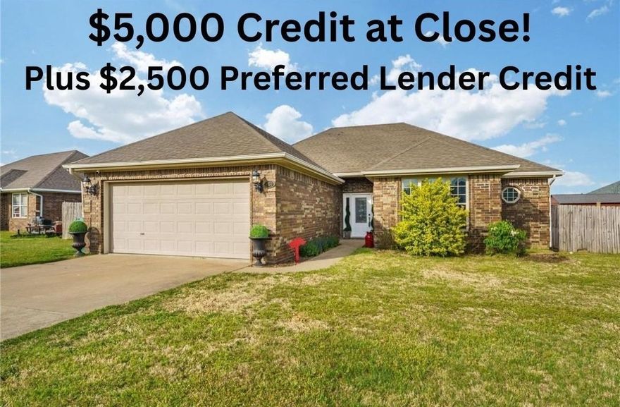 Outstanding Buyer Credits!!!  This family sized 1,610sqft home is priced to sell at $320,000, PLUS an additional $5,000 credit at closing, PLUS an additional preferred lender credit of $2,500, making the final sale price $312,500 or $194psqft!!!  Plus a one year home warranty provided by the seller!  A SMART HOME with 'control by phone' video doorbell, thermostat, door locks, and perimeter cameras.  All rooms are large with high ceilings and sizeable closets.  Durable engineered wood flooring in main traffic spaces, luxurious carpet in bedrooms, and easy to clean tile in the bathrooms & kitchen.  Centrally located within 10 minutes of Walmart Corporate Offices and downtown Bentonville, a few blocks from emergency services and restaurants, and near parks and walking paths.  A great home, great deal!!!