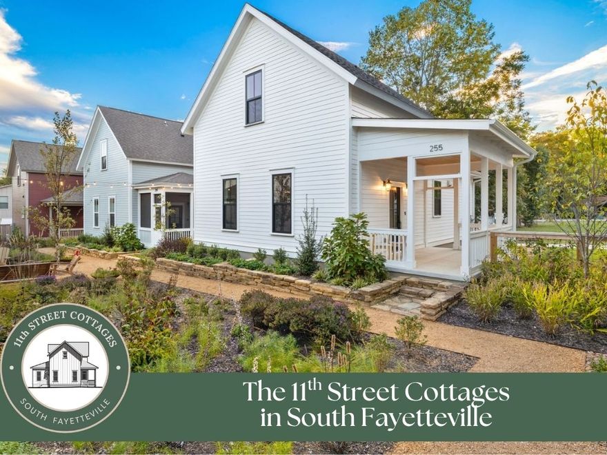 Live in one of Fayetteville’s most centralized and rapidly developing areas near the new Walker Park and the Razorback Greenway. Enjoy easy access to trails, outdoor recreation, and green space just moments from your front door. This home features fully-owned & warrantied solar panels with average utility savings of up to $100 per month, offering sustainability and long-term value. Light fills the open floor plan, where tall ceilings, custom cabinetry, and designer finishes create a fresh, inviting feel. Downstairs primary suite and large office/guest suite upstairs for flexible living, plus a sleek kitchen with generous prep space. Relax on the spacious front porch overlooking the neighborhood gardens or unwind in your private courtyard with direct parking access. The location blends the vibrant energy of Fayetteville while still providing a quiet comfortable place to call home. Learn more at 11thstcottages.com